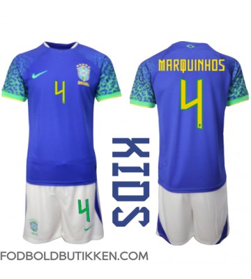 Brasilien Marquinhos #4 Udebanetrøje Børn VM 2022 Kortærmet (+ Korte bukser)